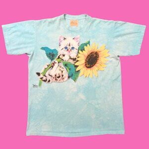 Vintage 1990's Kitten & Sun Flower Printed T-Shirt Size L